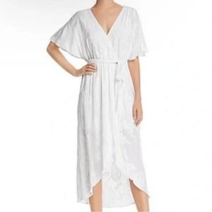 Alice + Olivia Clarine White Wrap Midi Dress V Neck Belt Flutter Sleeve …
